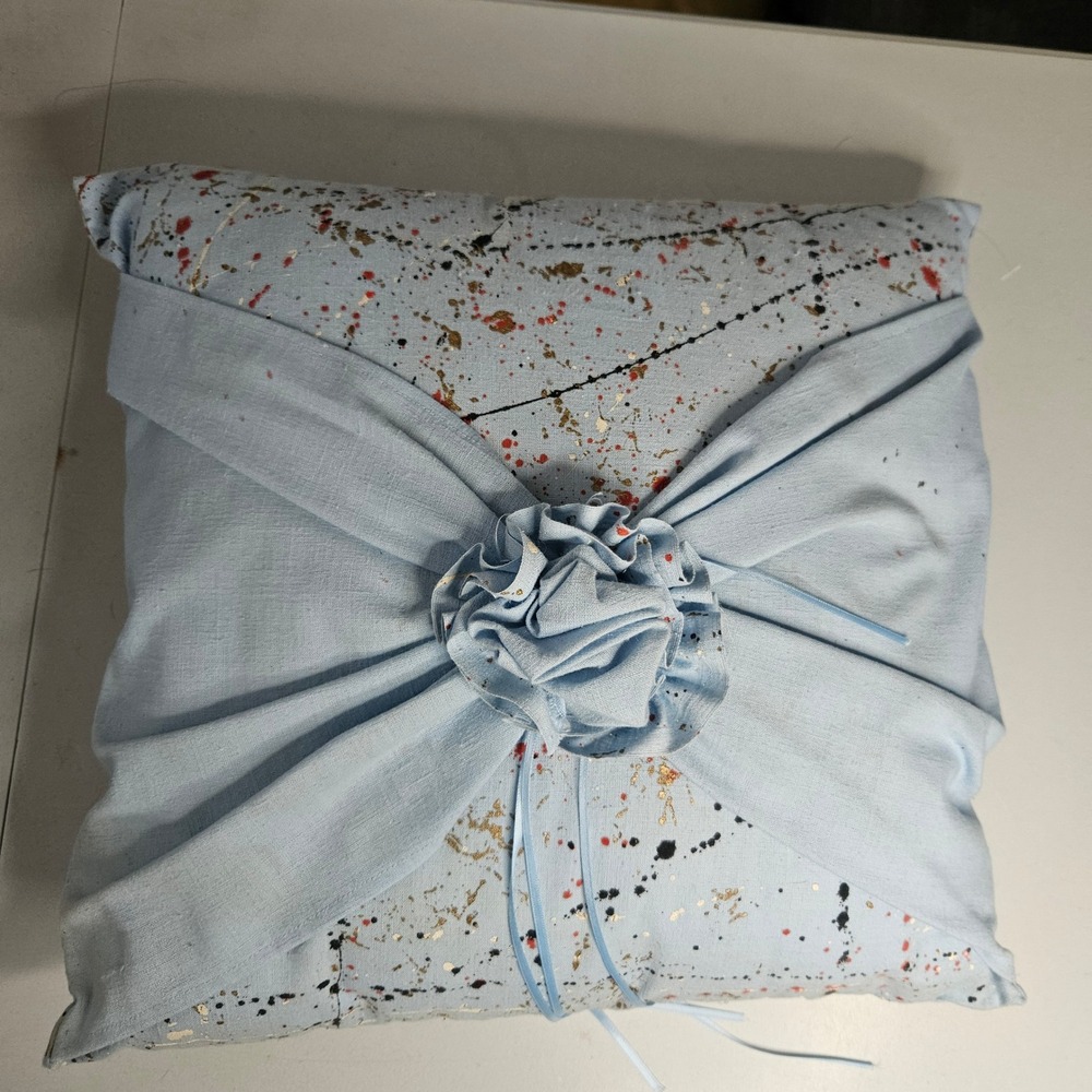 Handmade Abstract Paint Splatter Throw Pillow Light Blue Rosette Accent 14x14